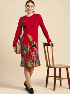 Sangria Red Acrylic Self-Design Jumper Dress