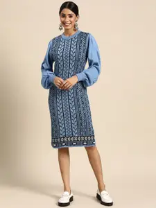 Sangria Blue & Black Acrylic Geometric Patterned Sweater Dress