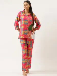 Bannos Swagger Women Pink & Blue Printed Night Suit