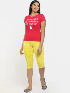 V-Mart Women Fuchsia & Yellow Printed Night suit