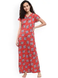 V-Mart Women Red Printed Cotton Maxi Nightdress