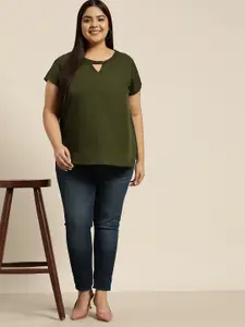 Sztori Plus Size Olive Green Solid Cut-Out Detail Top