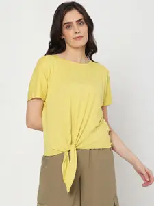 Vero Moda Women Yellow Solid Front Knot T-shirt