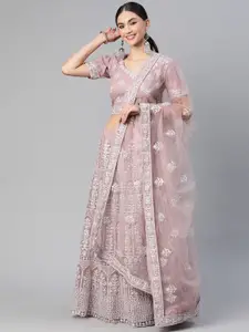 Readiprint Fashions Mauve & Silver Embroidered Unstitched Lehenga & Blouse With Dupatta