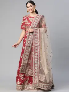 Readiprint Fashions Red & Golden Embroidered Unstitched Lehenga & Blouse With Dupatta