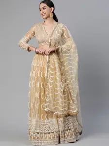 Readiprint Fashions Beige & White Embroidered Sequinned Unstitched Lehenga & Blouse With Dupatta