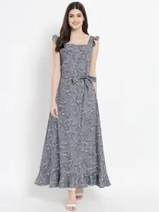 Kannan Grey & White Floral Crepe Maxi Dress