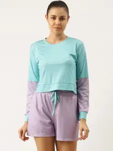 Bannos Swagger Women Turquoise Blue & Lavender Colourblocked T-shirt & Shorts Set