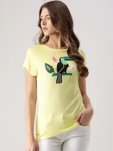 Marie Claire Women Yellow Printed Round Neck T-shirt