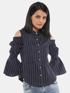 V-Mart Women Navy Blue Striped Cotton Casual Shirt