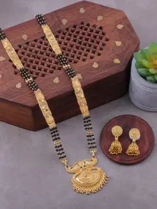 Brandsoon One Gram Gold-Plated & Black Beaded Mangalsutra With Earrings