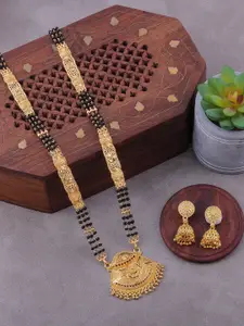 Brandsoon Women One Gram Gold-Plated Stone-Studded & Beaded Mangalsutra With Earrings Set
