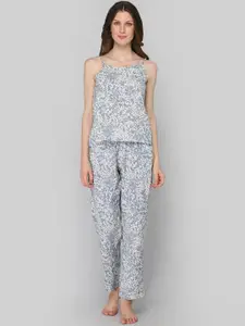 DRAPE IN VOGUE Women Grey & White Printed  Pure Cotton Night Suit
