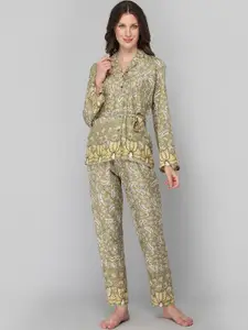 DRAPE IN VOGUE Women Green & White Floral Printed Night suit