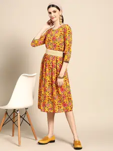 Sangria Mustard Yellow & Red Ethnic Motifs A-Line Dress