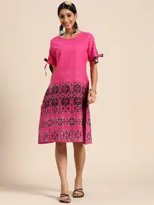 Sangria Pink & Black Ethnic Motifs Print Cotton A-Line Dress