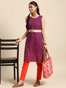 Sangria Women Voilet & Orange Geometric Printed Cotton Kurta