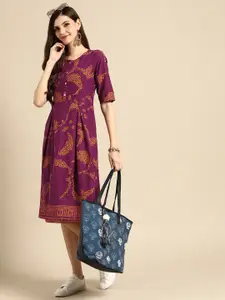 Sangria Women Purple & Mustard Yellow Printed Pure Cotton Ethnic Dress