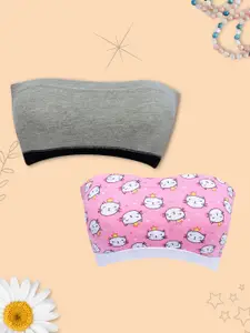 DChica Grey Melange & Pink Set Of 2 Non Padded Strapless Graphic Bra