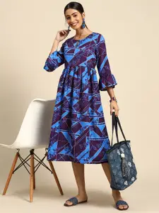 Sangria Women Blue & Purple Printed Bell Sleeves A-Line Ethnic Dress
