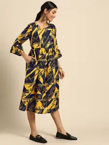 Sangria Women Navy Blue & Yellow Printed A-Line Ethnic Dress
