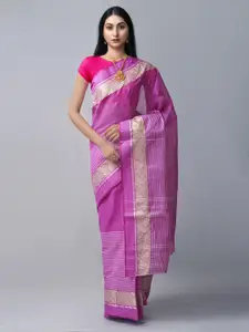 Unnati Silks Mauve & White Woven Design Pure Cotton Taant Saree