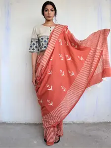 Chidiyaa Rust & White Floral Pure Cotton Saree