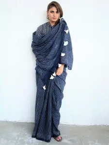 Chidiyaa Blue & White Striped Pure Cotton Saree