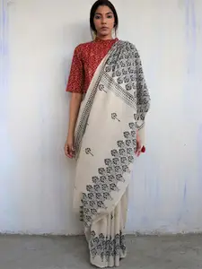 Chidiyaa White & Grey Ethnic Motifs Pure Cotton Saree