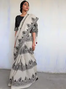 Chidiyaa Black & Cream-Coloured Ethnic Motifs Pure Cotton Saree