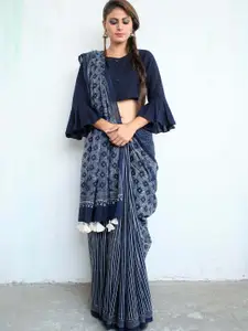 Chidiyaa Blue & White Floral Zari Pure Cotton Saree