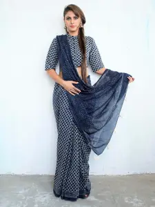 Chidiyaa Blue & White Ethnic Motifs Pure Cotton Saree