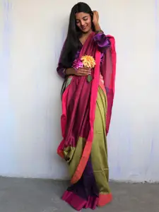 Chidiyaa Pink & Green Colourblocked Saree