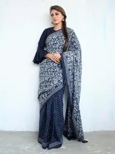 Chidiyaa Blue & White Floral Pure Cotton Saree