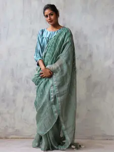 Chidiyaa Green Ethnic Motifs Pure Linen Saree