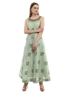 V-Mart Green Floral Embellished  Ethnic Maxi Dress
