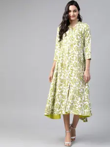 HIGHLIGHT FASHION EXPORT Green & White Floral Ethnic A-Line Midi Dress