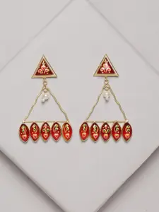 PANASH Women Gold-Toned Red Geometric Drop Earrings