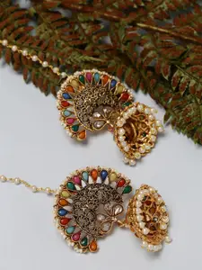 PANASH Women Gold-Toned Dome Shaped Multicolored Stone studded Jhumkas Earrings