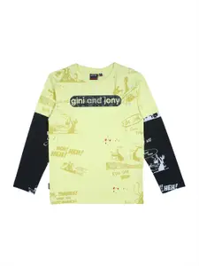 Gini and Jony Boys Yellow & Black Typography Printed Cotton T-shirt