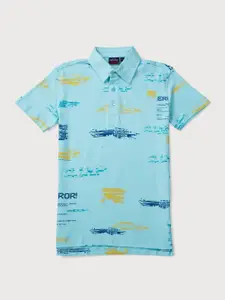 Gini and Jony Boys Blue Printed Cotton Polo Collar T-shirt