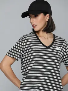 Puma Women Black Relaxed Fit Essential AOP Striped T-shirt