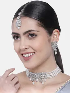 I Jewels Silver & White Rhodium-Plated Kundan & Pearl Studded Necklace Set