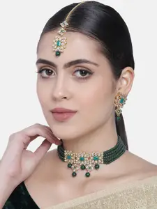 I Jewels Green Gold-Plated Kundan & Pearl-Studded Necklace Jewellery Set