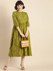 Anouk Women Green & White Printed Ethnic A-Line Midi Dress