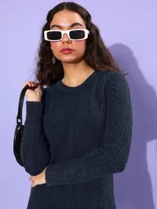 Roadster Navy Blue Self Design Pure Cotton Jumper Dress