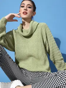 Roadster Women Green Checked Self Design Knitted Acrylic Longline Pullover