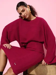 Roadster Women Deep Burgundy Self-Design Sweater with Skirt