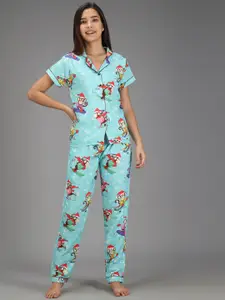 SEPHANI Women Turquoise Blue & Red Printed Night suit