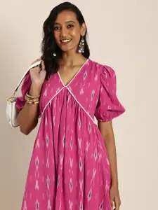 Taavi Women Fuchsia Pink Ikat Printed A-Line Midi Dress